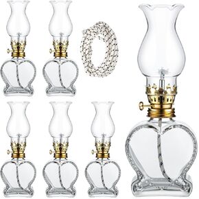 Set of 6 Vintage Glass Kerosene Lamp Rustic Oil Lamp Lantern Chamber Oil Lamps Clear Kerosene Lamp Hurricane Lamp with 6.6 ft Extra Wick for Indoor Use Lighting Decor Emergency (Heart Style)