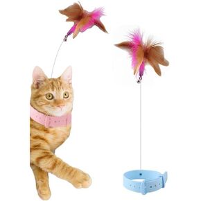 KOTYA Cat Teasing Wand Silicone Collar Hands Free Toy with Bell and Feathers (Flamingo Pink)
