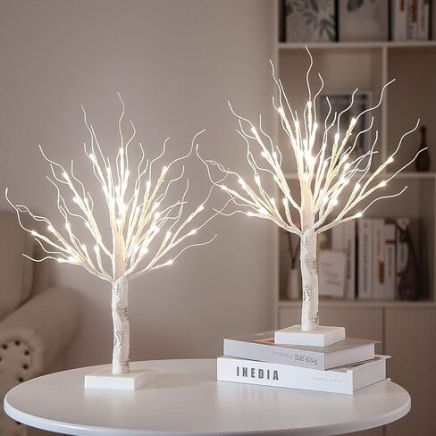 2 قطعة من برايت ديكو شجرة البتولا مضيئة 36LT LED الزفاف المركزية فروع اصطناعية الجدول شجرة المال حامل هدية ديكور لعيد الشكر عيد الفصح الدافئ الأبيض 18 بوصة مع 12 حلية عيد الميلاد in Kuwait