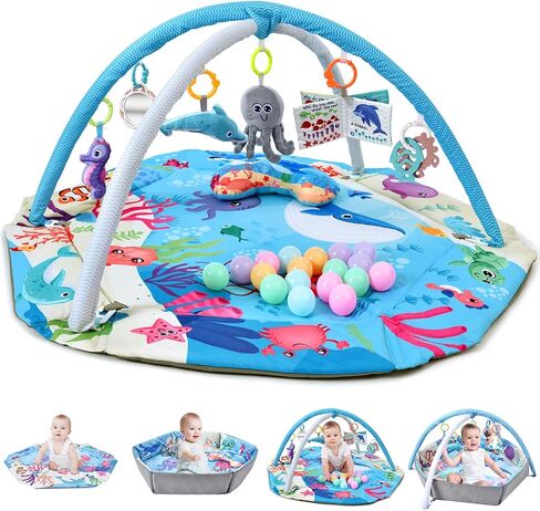 Baby Gym Play Mat, 8-in-1 Tummy Time Mat & Activity Gym, Washable Ball Pit, Infant Play Mat with Detachable Toys for Sensory Exploration and Motor Skill Development in Saudi Arabia