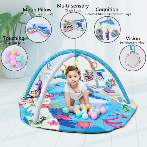 Baby Gym Play Mat, 8-in-1 Tummy Time Mat & Activity Gym, Washable Ball Pit, Infant Play Mat with Detachable Toys for Sensory Exploration and Motor Skill Development in Saudi Arabia