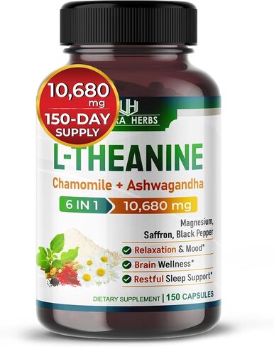 L-Theanine 6 IN 1 - 10,680 mg with Chamomile, Ashwagandha, Saffron, Magnesium- Support Relaxation, Sleep (150-day supply (pack of 1)) in Kuwait