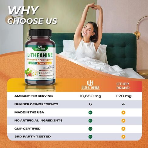 L-Theanine 6 IN 1 - 10,680 mg with Chamomile, Ashwagandha, Saffron, Magnesium- Support Relaxation, Sleep (150-day supply (pack of 1)) in Kuwait