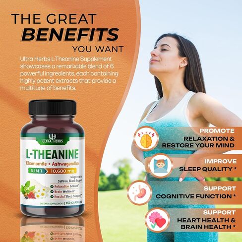 L-Theanine 6 IN 1 - 10,680 mg with Chamomile, Ashwagandha, Saffron, Magnesium- Support Relaxation, Sleep (150-day supply (pack of 1)) in Kuwait