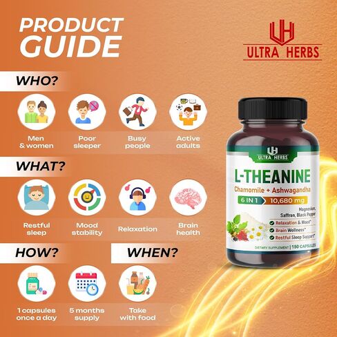 L-Theanine 6 IN 1 - 10,680 mg with Chamomile, Ashwagandha, Saffron, Magnesium- Support Relaxation, Sleep (150-day supply (pack of 1)) in Kuwait