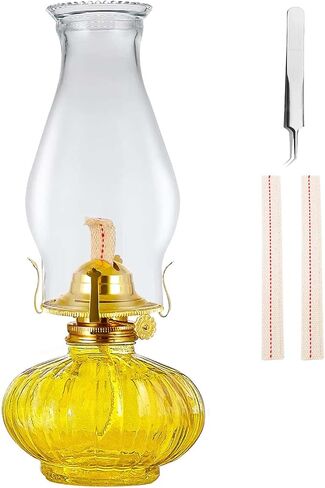 Large Oil Lamp for Indoor Use,Rustic Kerosene Lamp with 2 Pcs Wicks and 1 Tweezers,Glass Hurricane Lantern for Home Emergency Lighting (Yellow) in Kuwait
