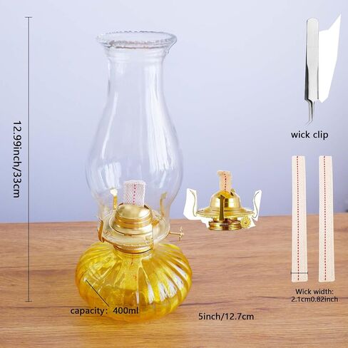 Large Oil Lamp for Indoor Use,Rustic Kerosene Lamp with 2 Pcs Wicks and 1 Tweezers,Glass Hurricane Lantern for Home Emergency Lighting (Yellow) in Kuwait
