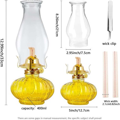 Large Oil Lamp for Indoor Use,Rustic Kerosene Lamp with 2 Pcs Wicks and 1 Tweezers,Glass Hurricane Lantern for Home Emergency Lighting (Yellow) in Kuwait