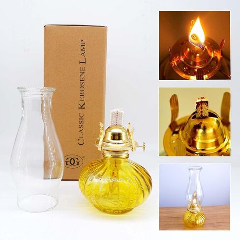 Large Oil Lamp for Indoor Use,Rustic Kerosene Lamp with 2 Pcs Wicks and 1 Tweezers,Glass Hurricane Lantern for Home Emergency Lighting (Yellow) in Kuwait