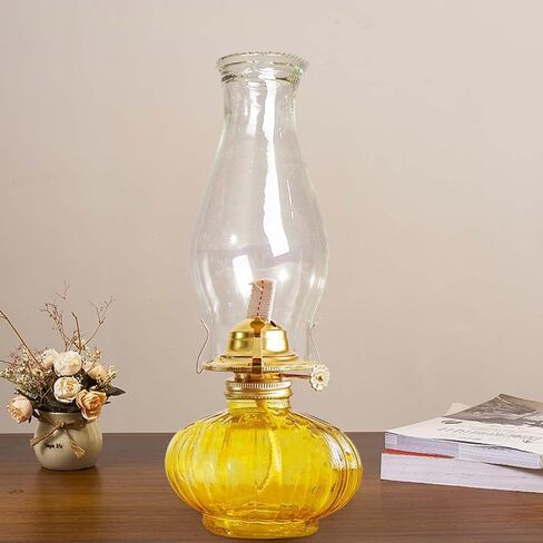 Large Oil Lamp for Indoor Use,Rustic Kerosene Lamp with 2 Pcs Wicks and 1 Tweezers,Glass Hurricane Lantern for Home Emergency Lighting (Yellow) in Kuwait