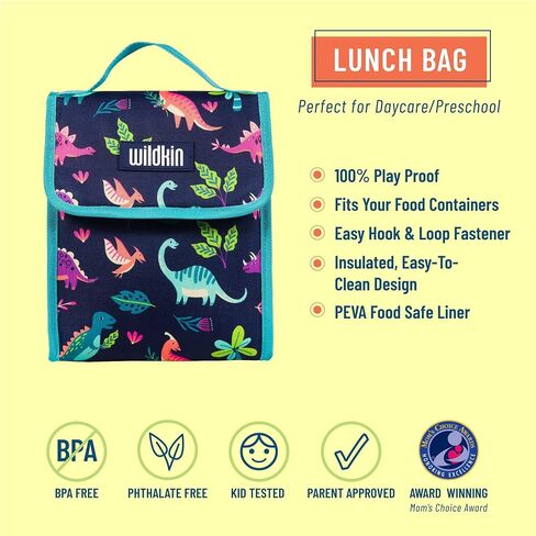 Wildkin Kids Insulated Lunch Bag for Boys & Girls, Reusable Lunch Bag is Perfect for Daycare & Preschool, Ideal Size for Packing Hot or Cold Snacks for School & Travel Lunch Bags (Darling Dinosaurs) in Kuwait