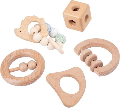 6 Pieces Toy Set- Wooden Baby Toys for Babies 0-6 Months,Wooden Toys for Babies Rattles with Bells,Wooden Rattles Push Car,Wood Rattle Toys Gifts for Boys Girls,Montessori Toys for Babies 0-6 Months in Saudi Arabia