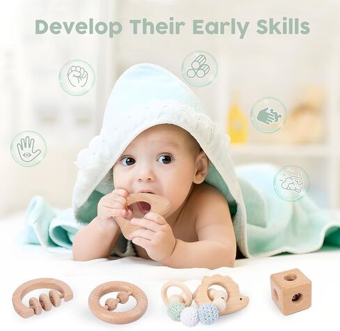6 Pieces Toy Set- Wooden Baby Toys for Babies 0-6 Months,Wooden Toys for Babies Rattles with Bells,Wooden Rattles Push Car,Wood Rattle Toys Gifts for Boys Girls,Montessori Toys for Babies 0-6 Months in Saudi Arabia