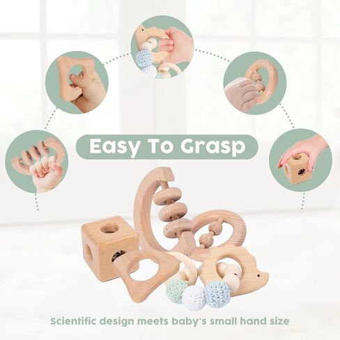 6 Pieces Toy Set- Wooden Baby Toys for Babies 0-6 Months,Wooden Toys for Babies Rattles with Bells,Wooden Rattles Push Car,Wood Rattle Toys Gifts for Boys Girls,Montessori Toys for Babies 0-6 Months in Saudi Arabia