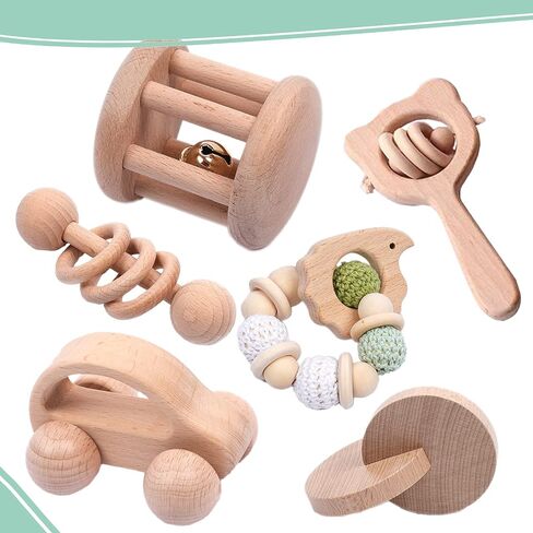 6 Pieces Toy Set- Wooden Baby Toys for Babies 0-6 Months,Wooden Toys for Babies Rattles with Bells,Wooden Rattles Push Car,Wood Rattle Toys Gifts for Boys Girls,Montessori Toys for Babies 0-6 Months in Saudi Arabia