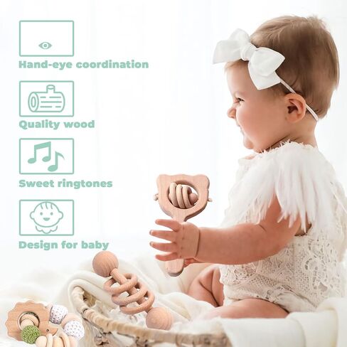 6 Pieces Toy Set- Wooden Baby Toys for Babies 0-6 Months,Wooden Toys for Babies Rattles with Bells,Wooden Rattles Push Car,Wood Rattle Toys Gifts for Boys Girls,Montessori Toys for Babies 0-6 Months in Saudi Arabia