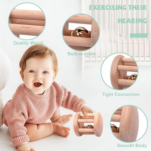 6 Pieces Toy Set- Wooden Baby Toys for Babies 0-6 Months,Wooden Toys for Babies Rattles with Bells,Wooden Rattles Push Car,Wood Rattle Toys Gifts for Boys Girls,Montessori Toys for Babies 0-6 Months in Saudi Arabia