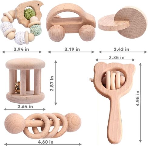 6 Pieces Toy Set- Wooden Baby Toys for Babies 0-6 Months,Wooden Toys for Babies Rattles with Bells,Wooden Rattles Push Car,Wood Rattle Toys Gifts for Boys Girls,Montessori Toys for Babies 0-6 Months in Saudi Arabia
