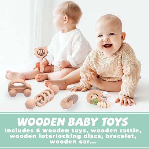 6 Pieces Toy Set- Wooden Baby Toys for Babies 0-6 Months,Wooden Toys for Babies Rattles with Bells,Wooden Rattles Push Car,Wood Rattle Toys Gifts for Boys Girls,Montessori Toys for Babies 0-6 Months in Saudi Arabia