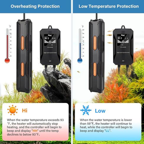 سخان حوض السمك hygger، سخان حوض أسماك غاطس بقدرة 100 وات/200 وات/300 وات/500 وات/800 وات مع حماية من درجة الحرارة الزائدة وسخان أسماك يعمل بإيقاف التشغيل التلقائي مع وحدة تحكم رقمية للمياه العذبة والمياه المالحة in Kuwait