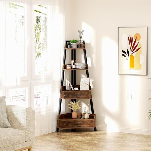 Elsie&Mi 55.1 Inch Tall Corner Shelf, 4-Tire 2 Drawers Corner Cabinet, Storage Rack for Living Room, Office, Kitchen, Basement, Bedroom, Rustic Brown in Saudi Arabia