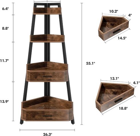 Elsie&Mi 55.1 Inch Tall Corner Shelf, 4-Tire 2 Drawers Corner Cabinet, Storage Rack for Living Room, Office, Kitchen, Basement, Bedroom, Rustic Brown in Saudi Arabia