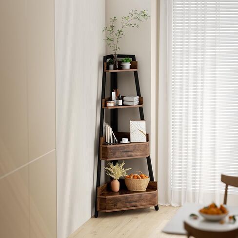 Elsie&Mi 55.1 Inch Tall Corner Shelf, 4-Tire 2 Drawers Corner Cabinet, Storage Rack for Living Room, Office, Kitchen, Basement, Bedroom, Rustic Brown in Saudi Arabia
