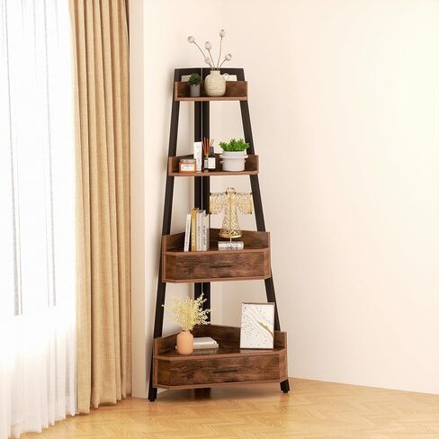 Elsie&Mi 55.1 Inch Tall Corner Shelf, 4-Tire 2 Drawers Corner Cabinet, Storage Rack for Living Room, Office, Kitchen, Basement, Bedroom, Rustic Brown in Saudi Arabia