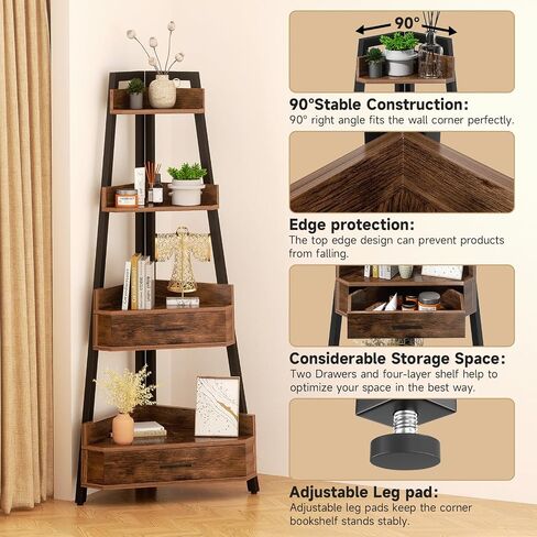 Elsie&Mi 55.1 Inch Tall Corner Shelf, 4-Tire 2 Drawers Corner Cabinet, Storage Rack for Living Room, Office, Kitchen, Basement, Bedroom, Rustic Brown in Saudi Arabia