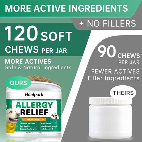 مضغ للكلاب لتخفيف الحساسية - تخفيف حكة الجلد مع البروبيوتيك + أوميغا 3 + اللبأ - الحساسية الموسمية - علاجات مضادة للحكة - الجلد والمعطف + مكمل مناعي - تخفيف النقاط الساخنة - نكهة الدجاج 120 قيراط in Kuwait