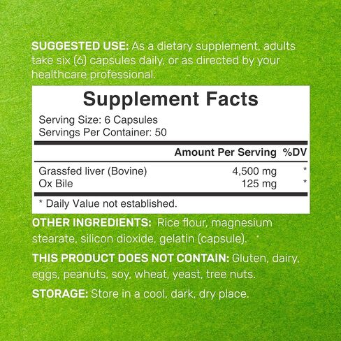 مكمل كبد البقر مع الصفراء الثور 4500 مجم لكل وجبة، 300 كبسولة - الأبقار التي تتغذى على العشب - أملاح الصفراء الطبيعية للهضم - إزالة السموم والطاقة ودعم المناعة - خالي من الهرمونات in Kuwait