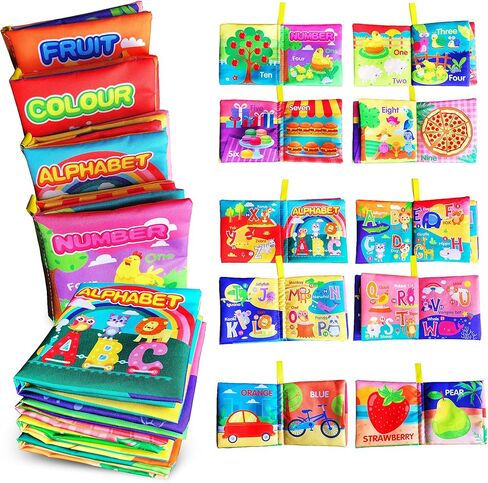 لعبة كتاب الأطفال من القماش الناعم من أمينفن، كتاب تعليم الأطفال من القماش الملون (الأبجدية ABC-Z، 123-10، اللون، الفاكهة، 4 عبوات)، صوت مجعد باللمس والشعور، لعبة تعليمية مبكرة، هدية للأطفال الرضع والأطفال الصغار in Kuwait