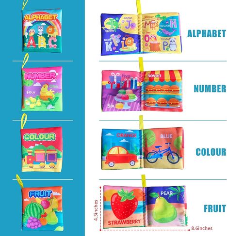 لعبة كتاب الأطفال من القماش الناعم من أمينفن، كتاب تعليم الأطفال من القماش الملون (الأبجدية ABC-Z، 123-10، اللون، الفاكهة، 4 عبوات)، صوت مجعد باللمس والشعور، لعبة تعليمية مبكرة، هدية للأطفال الرضع والأطفال الصغار in Kuwait