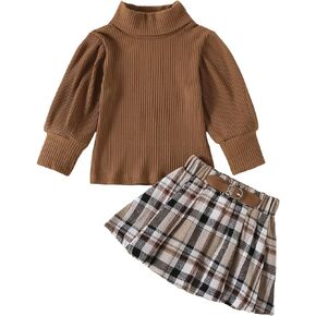 FYBITBO Toddler Little Girls Christmas Outfits Knit Long Sleeve Sweater Shirt+Plaid Flannel Skirt Winter Holiday Clothes Set
