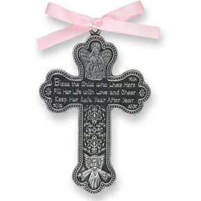 K-Musculo 4" Pewter Baptism Bless The Child Guardian Angel Cross Crib Medal for Girl in Saudi Arabia