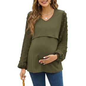 Coolmee Women's Maternity Tops Tunic Blouse Tie V Neck Long Sleeve Babydoll Peplum Tops in Kuwait