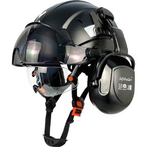 SAFEBUILDER Safety Helmet with Visor Ear Muffs Work at Hight Carbon Fiber Abs Hard Hats for Industrial Construction Head Protection ANSI Z89.1 Approved