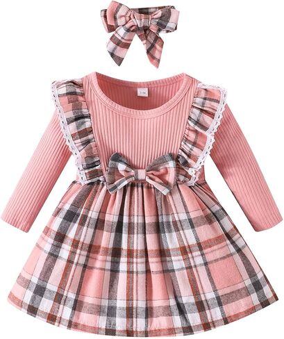 MauTolz Toddler Baby Girl 2Pcs Outfits Set Fall Winter Clothes Ruffles Long Sleeve Shirt and Plaid Shorts Skirt in Kuwait