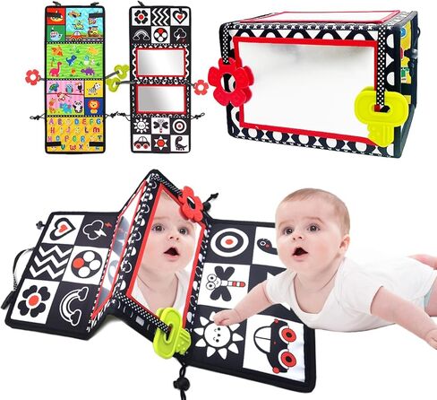 LuLumaoqu لعبة مرآة وقت البطن، ألعاب حسية للأطفال باللونين الأبيض والأسود عالية التباين، لعبة للرضع، لعبة زحف مونتيسوري مع عضاضات ناعمة، مناسبة للرضع حديثي الولادة 0 3 6 9 12 شهرًا in Kuwait