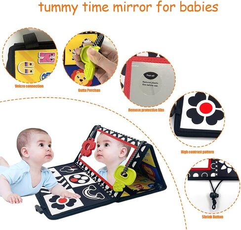 LuLumaoqu لعبة مرآة وقت البطن، ألعاب حسية للأطفال باللونين الأبيض والأسود عالية التباين، لعبة للرضع، لعبة زحف مونتيسوري مع عضاضات ناعمة، مناسبة للرضع حديثي الولادة 0 3 6 9 12 شهرًا in Kuwait