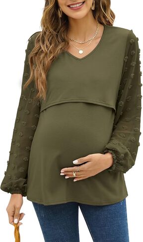 Coolmee Women's Maternity Tops Tunic Blouse Tie V Neck Long Sleeve Babydoll Peplum Tops in Kuwait