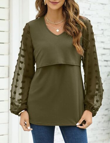 Coolmee Women's Maternity Tops Tunic Blouse Tie V Neck Long Sleeve Babydoll Peplum Tops in Kuwait