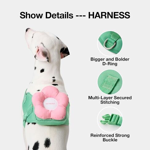 VETRESKA Flora Dog Harness، مجموعة المقود والياقة، بدون سحب سترة الكلب للمشي والتدريب، قابل للتعديل، سهل التحكم وحزام الحيوانات الأليفة المبطن الناعم وحقيبة الظهر للكلاب الصغيرة والمتوسطة والكبيرة، XXS in Kuwait