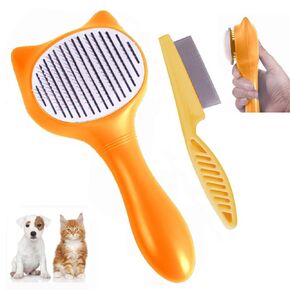 Amazoomies Cat Brush with Release Button, Self Cleaning Pet Brush for Shedding Cats, Dogs Rabbit with Teeth Comb Removes Loose Fur, Undercoat, Mats Tangled Hair for long/short Hair (Orange)