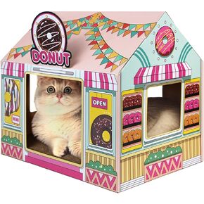SEKAM Cardboard Cat House with Scratcher/Catnip (16.5'' x 12'' x 15''), Donut Shop for Indoor/Outdoor, Cat Scratch Box & Home Decor, Hideout for Small Animals in Kuwait