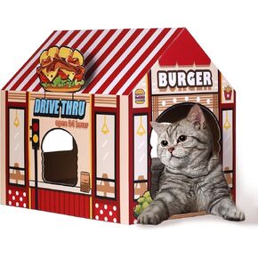 SEKAM Cardboard Cat House with Scratcher/Catnip,(16.5''x12''x15'') Kitty Burger Shop for Indoor/Outdoor Cats,Cat Play House&Home Decor,Cat Scratch Toy for Cat Birthday,Hideout for Bunny&Small Animals