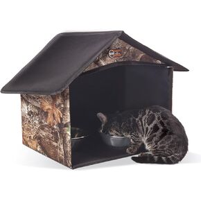 K&H Pet Products Outdoor Kitty Dining Room Outdoor Cat Shelter for Food & Water, Purrfect for Outdoor Feral Cats and Community Cats Olive 14 X 20 X 16.5