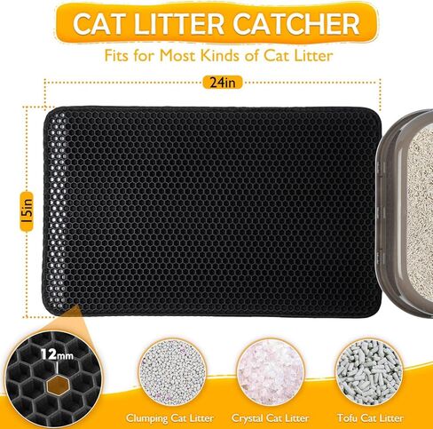Polarduck Cat Litter Mat: 24" X 15" Small Litter Box Mat - Litter Trapping Mat with Honeycomb Double Layer Design-Waterproof-Easy to Clean Cat Essentials | Black in Kuwait
