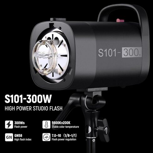NEEWER S101-300W ضوء فلاش ستروب مع 9 مستويات 150W مصباح النمذجة، 300Ws GN58 5600K مع عاكس جبل بوينز القياسي، وضع S1 / S2 مروحة صامتة لاستوديو التصوير الفوتوغرافي، تصوير المنتجات الشخصية in Kuwait