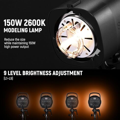 NEEWER S101-300W ضوء فلاش ستروب مع 9 مستويات 150W مصباح النمذجة، 300Ws GN58 5600K مع عاكس جبل بوينز القياسي، وضع S1 / S2 مروحة صامتة لاستوديو التصوير الفوتوغرافي، تصوير المنتجات الشخصية in Kuwait